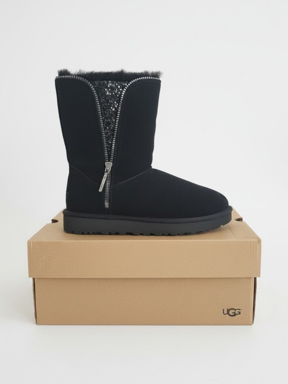 NWT UGG Black Classic Sequin Zip Boots Sz 9 Suede Shearling Sparkle Glam Winter